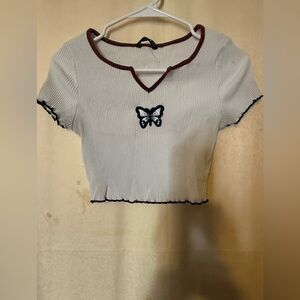 SHEIN Top, Women’s size Medium White and Brown Crop Top with Butterfly Patch